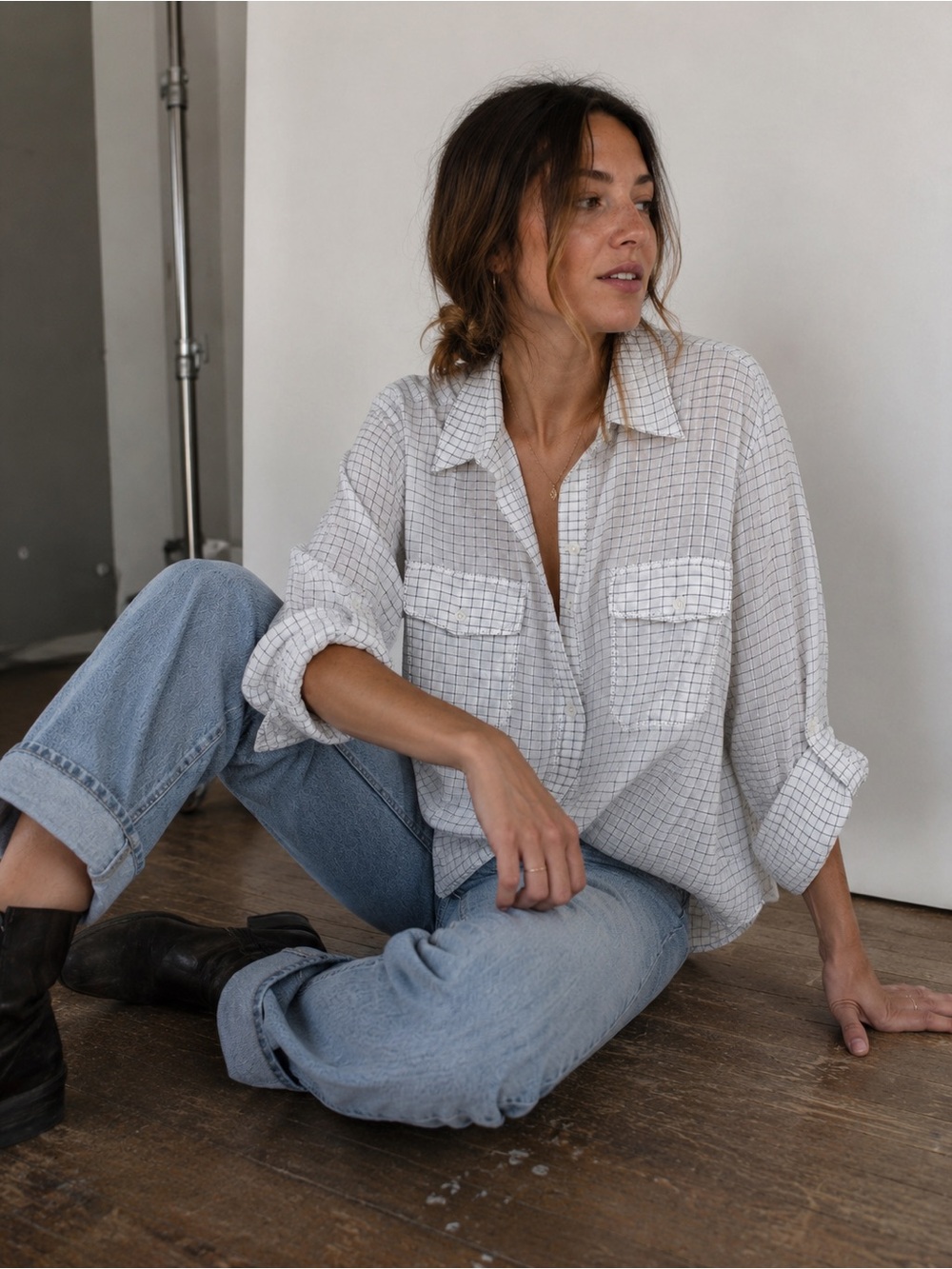 Max Studio White Shirt with Navy Windowpane Check